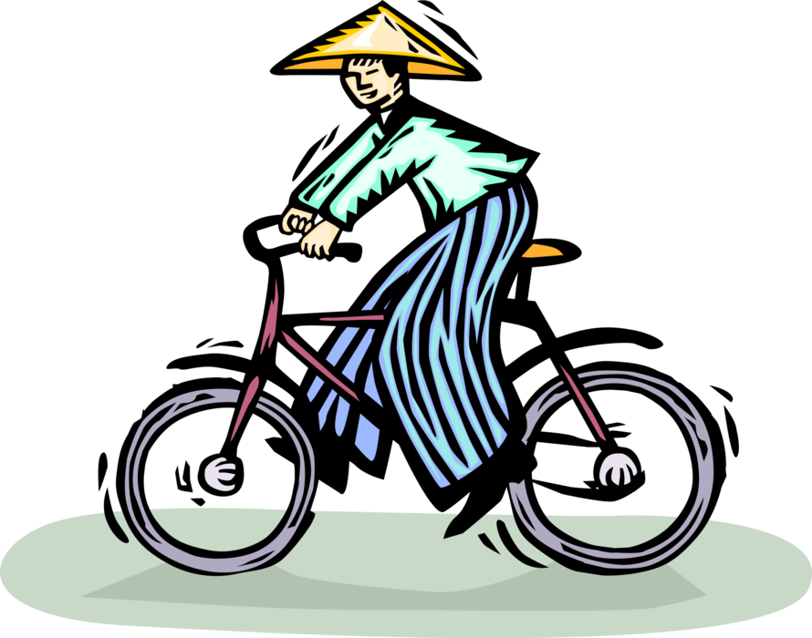 Vector Illustration of Oriental Chinese Asian Cycling Enthusiast Rides Bicycle in One-dǒu Bamboo Hat