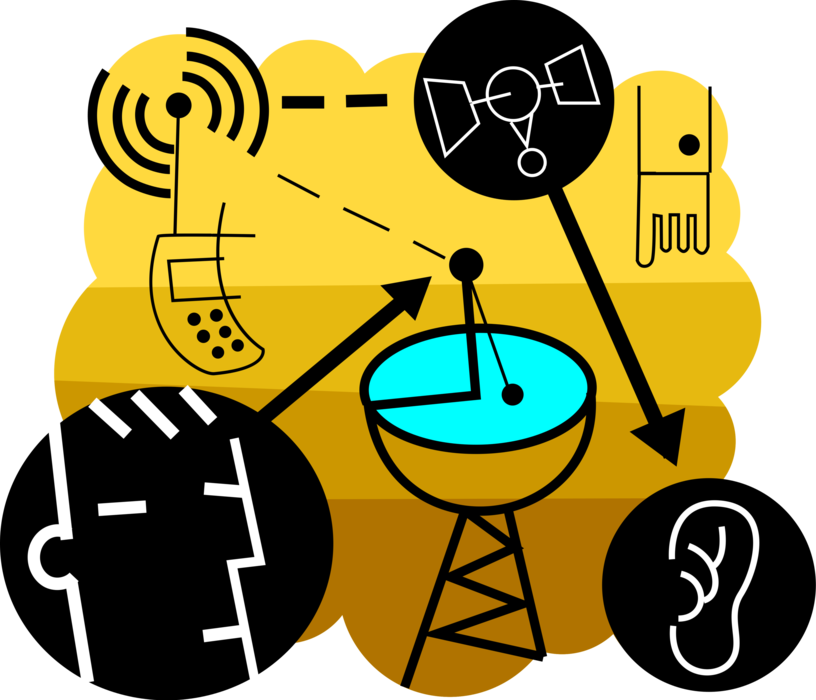 Vector Illustration of Satellite Telecommunications with Space Satellite, Parabolic Antenna and Telephone Communications