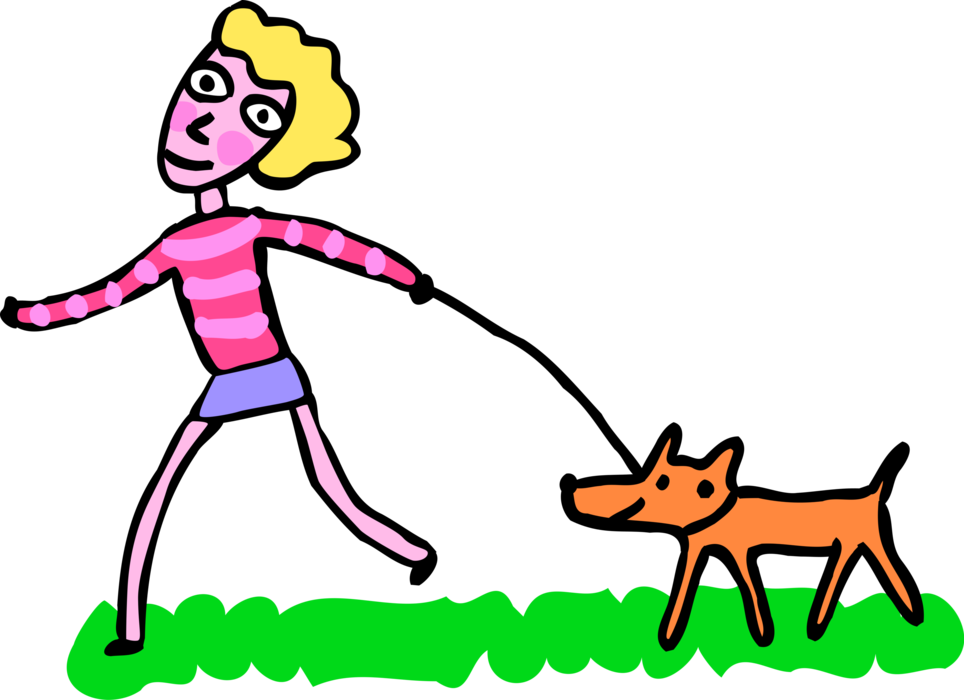 Vector Illustration of Adolescent Girl Walking Family Pet Dog on Leash