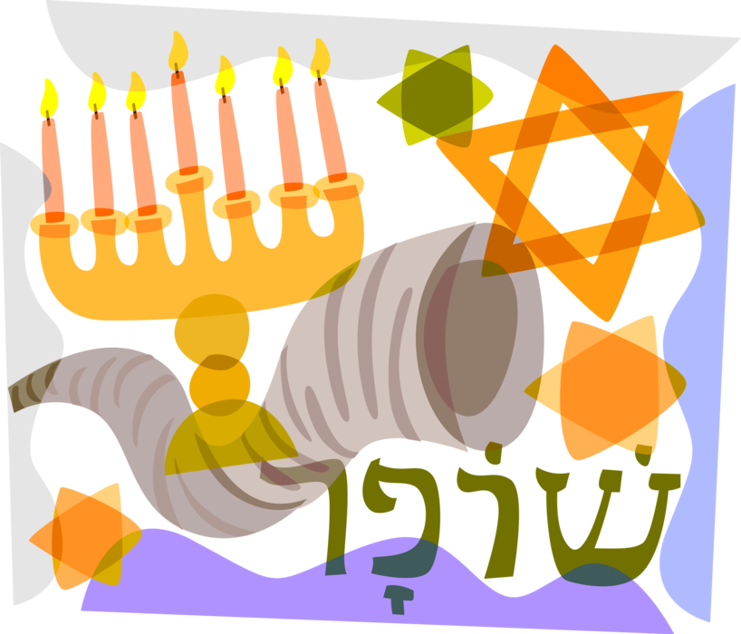 Vector Illustration of Menorah Lampstand, Shofar Horn, Star of David Shield of David Symbol of Jewish Identity and Judaism