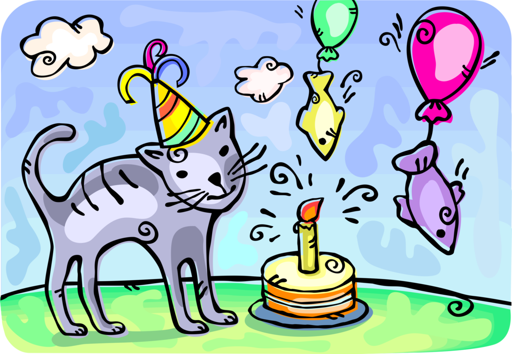 Vector Illustration of Domestic Housecat Kitten Cat Blows Out Candle on Birthday Cake