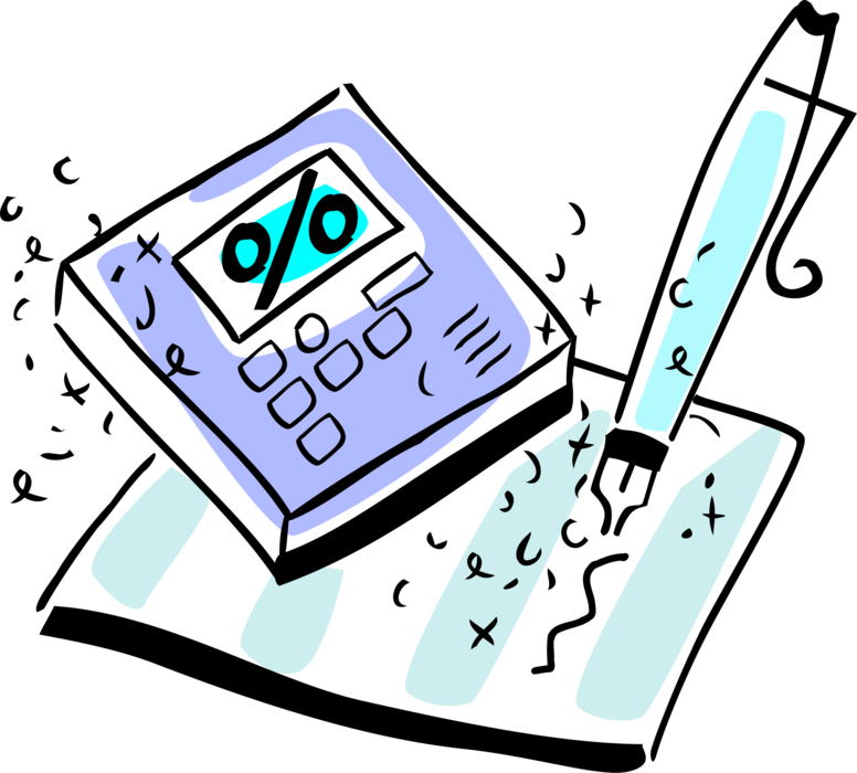 Vector Illustration of Calculator Portable Electronic Device Performs Basic Operations of Mathematics with Fountain Pen