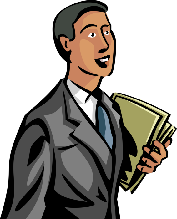 Vector Illustration of Eager, Zealous, Enthusiastic, Keener Businessman Carries Business Project File Folders