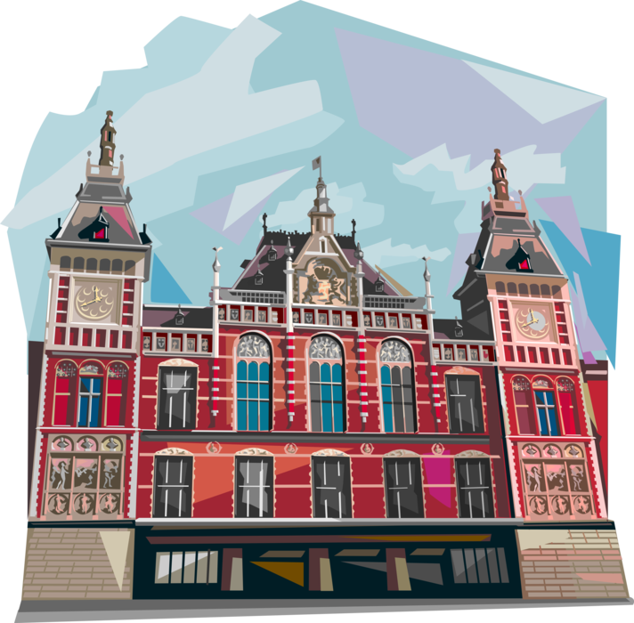 Vector Illustration of Amsterdam Holland Centrum Central Station, Holland, The Netherlands