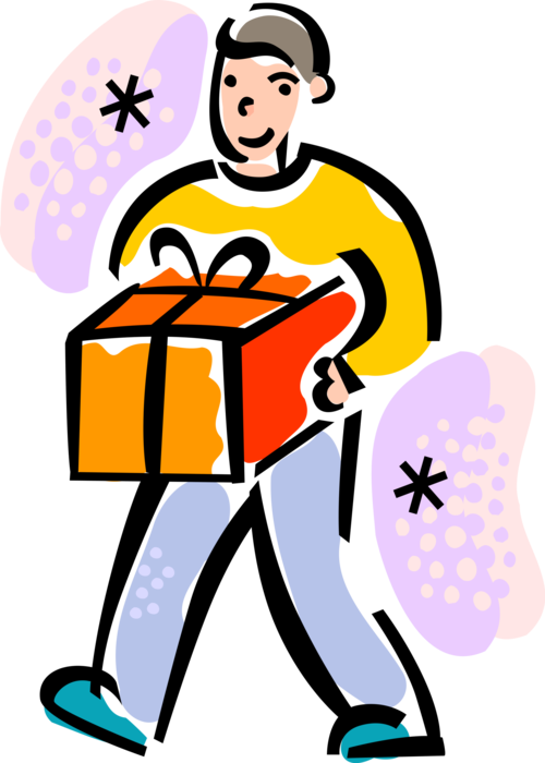Vector Illustration of Young Boy Carries Gift Wrapped Present to Birthday Party