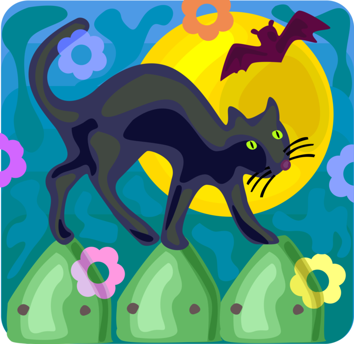 Vector Illustration of Halloween Black Cat Associated with Witchcraft, Ill Omens, and Death and Vampire Bat Against Full Moon