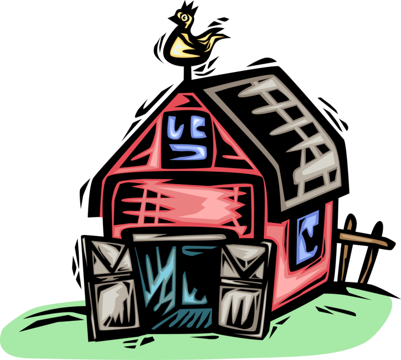 Vector Illustration of Farming Operation Farm Barn Building with Rooster Weather Vane or Weathercock