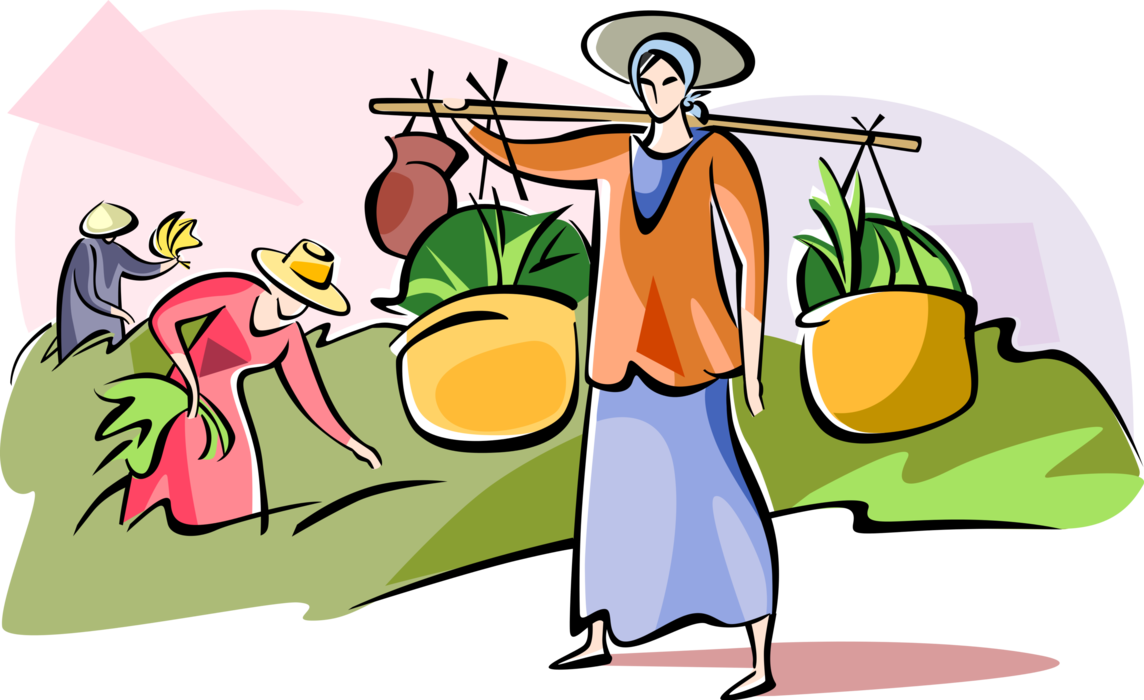 Vector Illustration of Woman Carrying Rice Plants