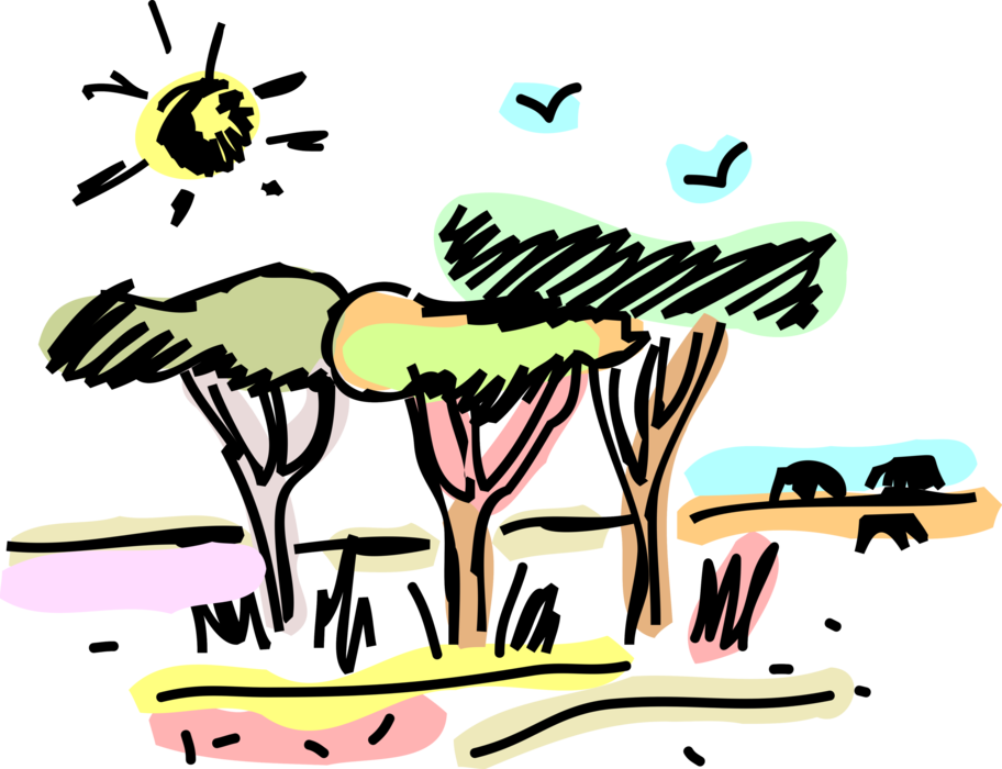 Vector Illustration of African Savanna or Savannah Grassland Ecosystem with Trees, Elephants and Sun Shining