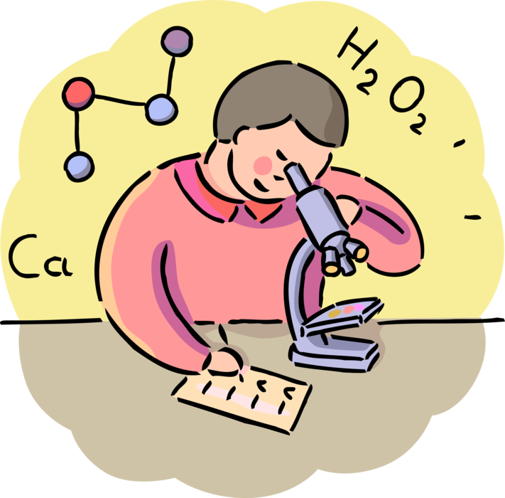 Vector Illustration of Chemistry Class Student with Microscope Studies Molecules and Chemical Compounds