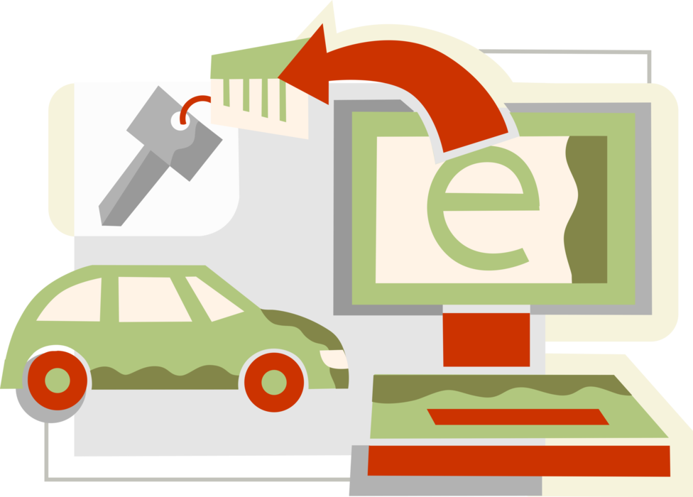 Vector Illustration of Online Internet New Automobile Motor Vehicle Shopping and Purchase Transactions via Computer