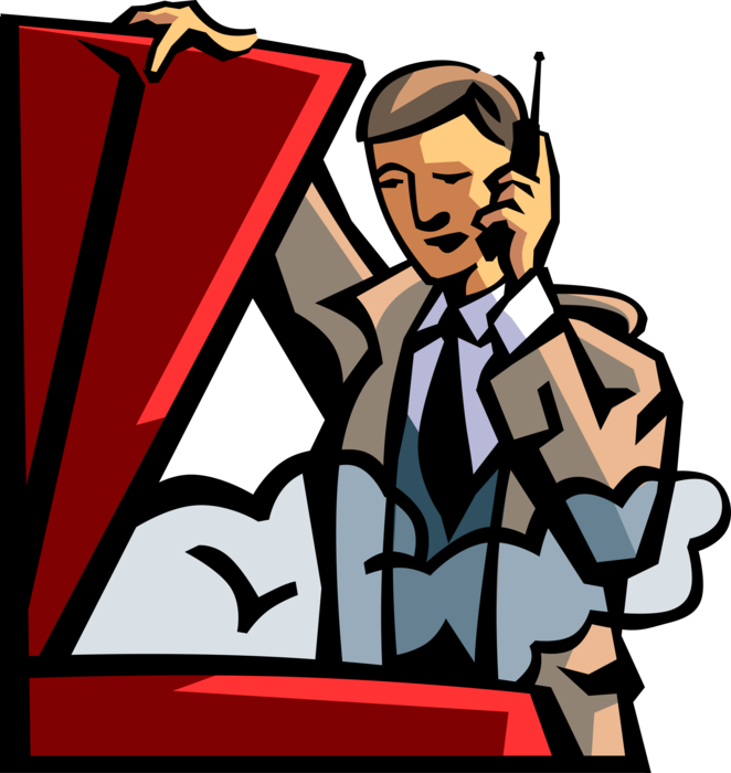 Vector Illustration of Businessman with Car Trouble Checks Under Hood of Automobile and Talks on Mobile Cell Phone