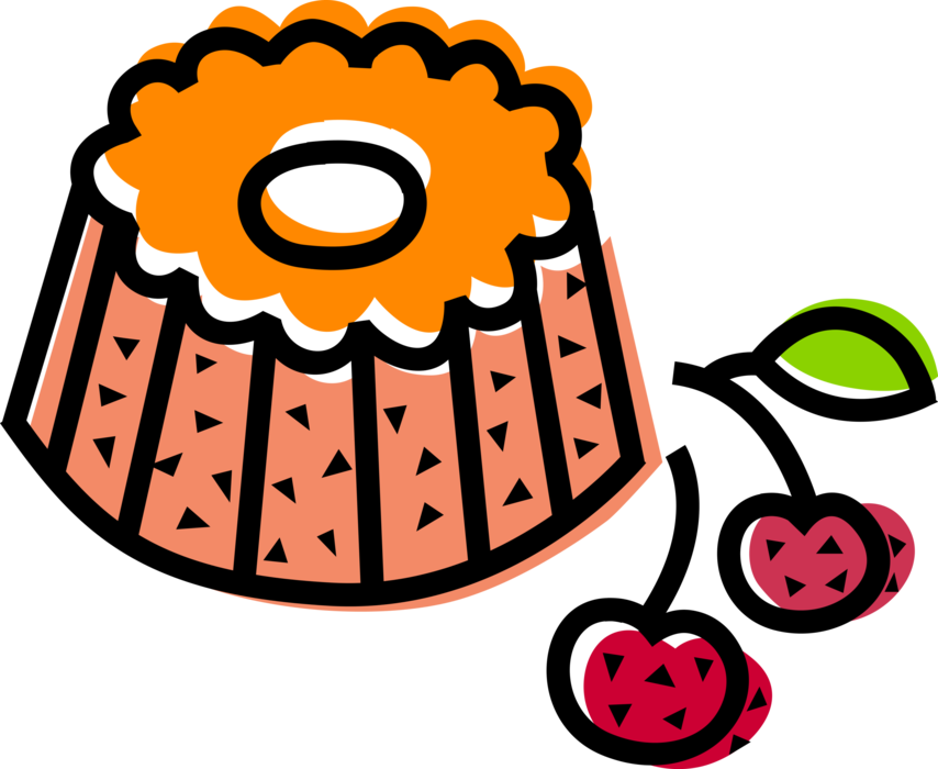 Vector Illustration of Ring Shaped Bundt or Gugelhupf Dessert Baked Cake with Sweet Fruit Cherries