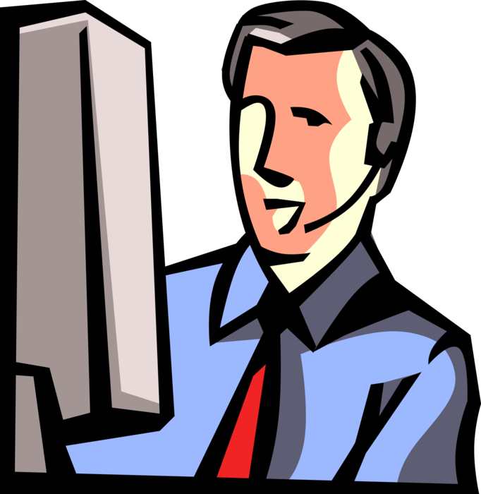 Vector Illustration of Telemarketing Direct Marketing Salesperson Talks on Headset Microphone at Computer Screen