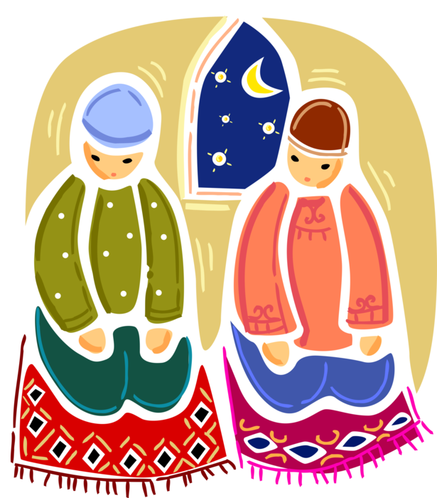 Vector Illustration of Islamic Mosque Muslim or Moslem Temple Worshipers Recite Quran Salat Prayers Facing Mecca on Prayer Mats
