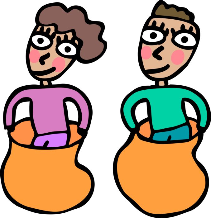 Vector Illustration of Boy and Girl in Potato Sack Race at Outdoor Church Picnic