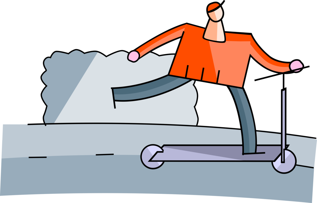 Vector Illustration of Young Child Rides Foot-Powered Scooter Vehicle Outdoors