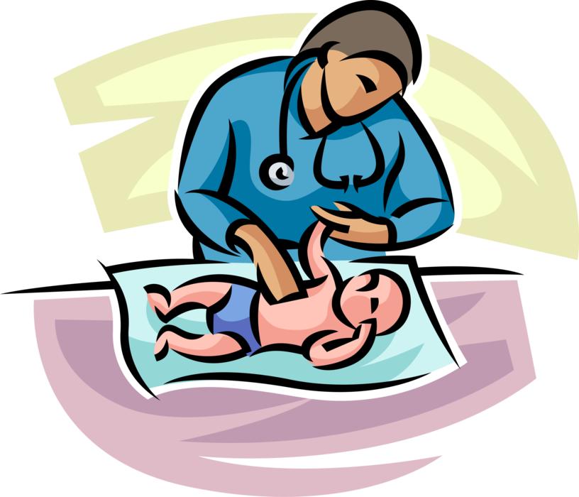 Vector Illustration of Hospital Maternity Ward Obstetrics Nurse Examines Newborn Infant Baby