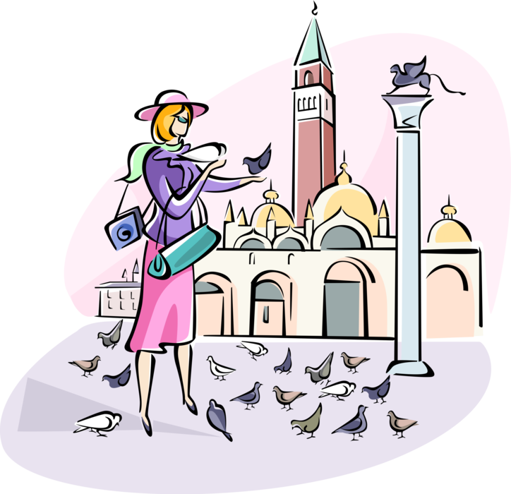 Vector Illustration of Woman Feeding the Feathered Birds in St. Marks Square, Venice, Italy