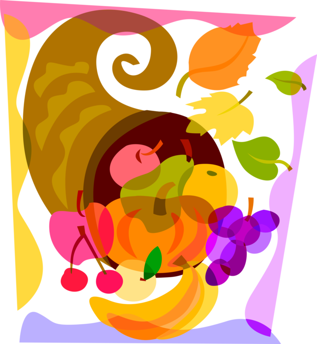 Vector Illustration of Cornucopia Horn of Plenty with Fall Autumn Harvest Pumpkin, Fruits, and Leaves