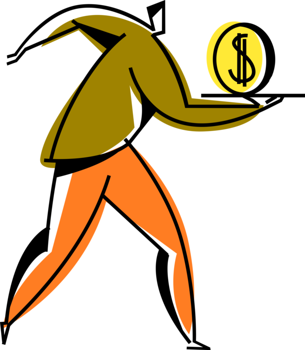 Vector Illustration of Businessman Waiter Serves Financial Cash Money Coin on Serving Tray