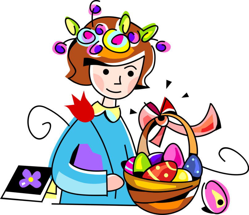 Vector Illustration of Young Girl with Basket of Colored Decorated Easter Eggs