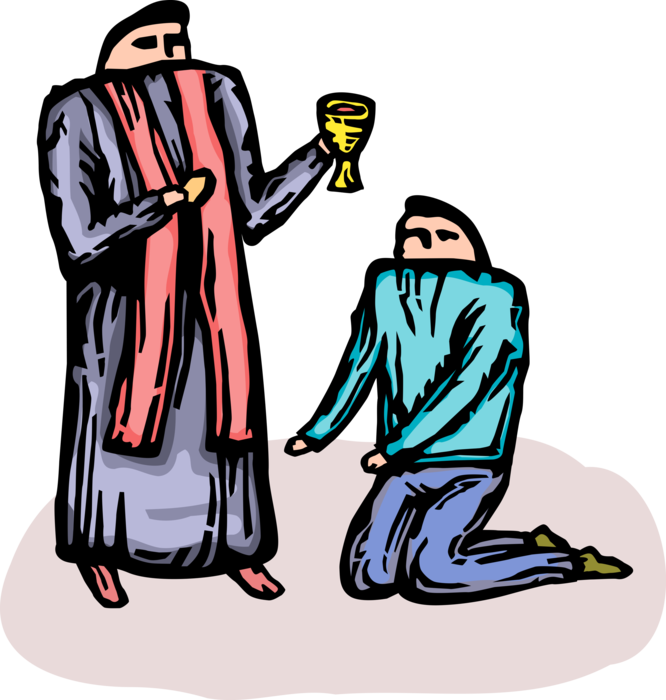 Vector Illustration of Christian Priest Administers Holy Sacrament of Communion to Church Parishioner