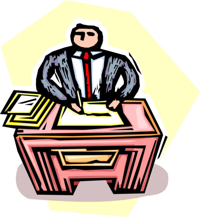 Vector Illustration of Businessman Sits at Office Desk Working on Paperwork