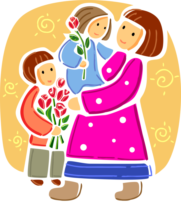 Vector Illustration of Mother Carries Daughter with Rose Flower Blossom, and Son with Garden Flower Bouquet