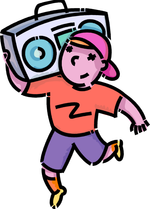Vector Illustration of Primary or Elementary School Student Boy Plays Portable Audio Entertainment Boombox Stereo