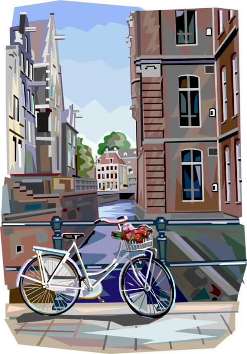 Vector Illustration of Bicycle Bike or Cycle Human-Powered, Pedal-driven, Single-Track Vehicle on Bridge in Amsterdam, Holland