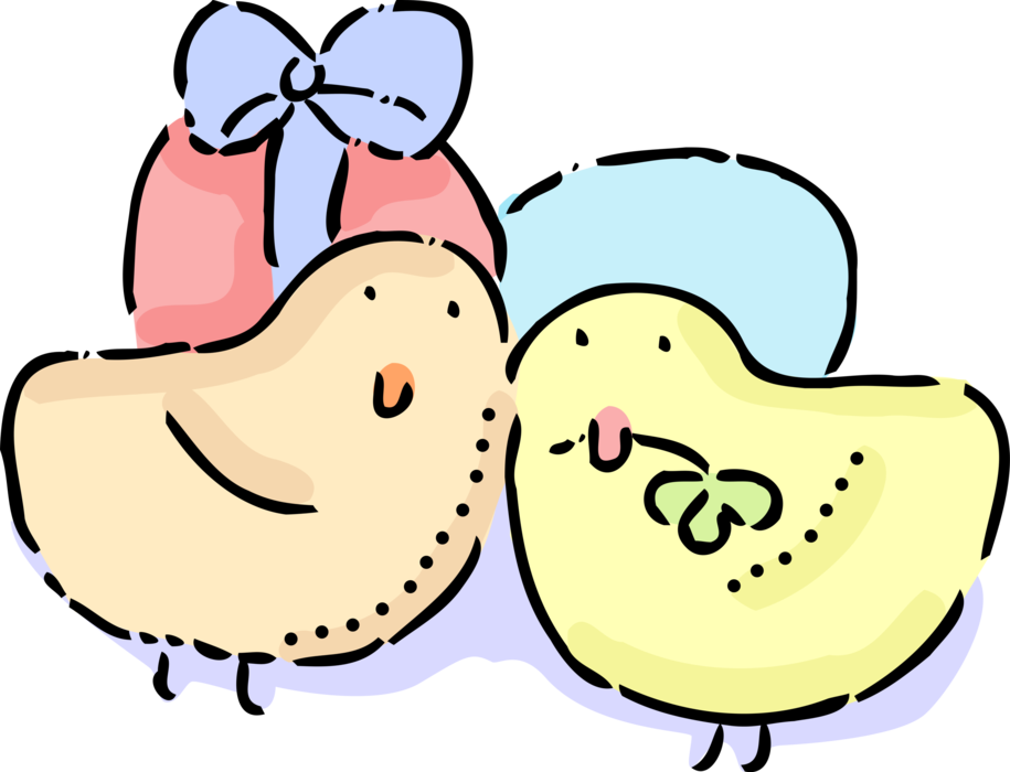Vector Illustration of Just Hatched Yellow Easter Chick Birds with Colored Easter Eggs