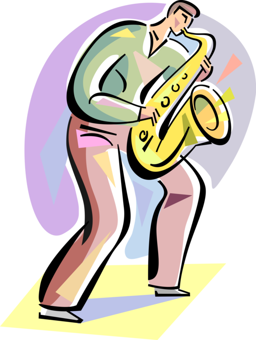 Vector Illustration of Saxophonist Musician Plays Saxophone Brass Single-Reed Mouthpiece Woodwind Instrument