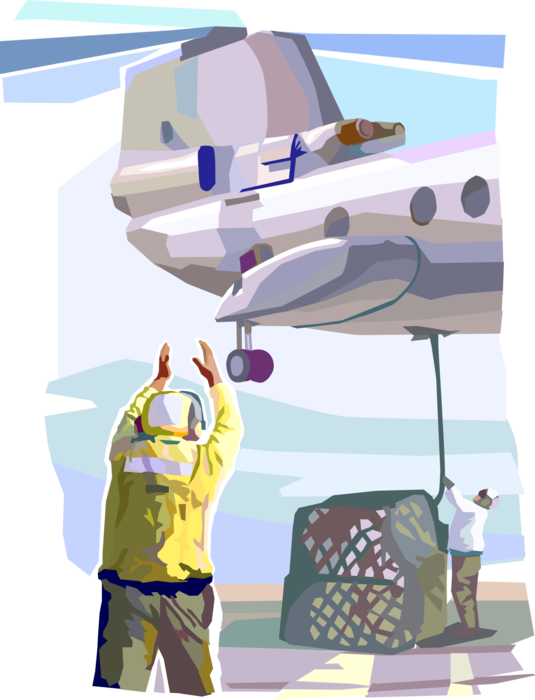 Vector Illustration of United States Navy Aircraft Carrier Air Operation Flight Deck Crew Direct Loading Cargo on Helicopter