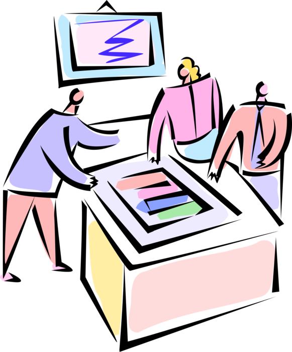 Vector Illustration of Business Executives Discuss Sales Objectives in Office Meeting