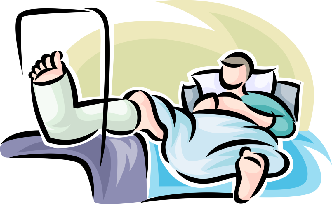 Vector Illustration of Accident Victim Patient in Hospital Bed with Broken Leg in Traction