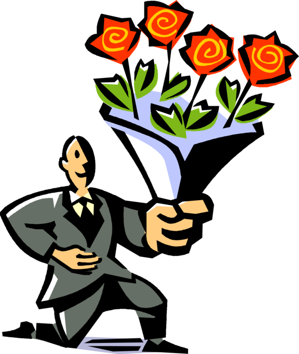 Vector Illustration of Romantic Amorous Man Offers Gift of Floral Bouquet of Rose Flowers