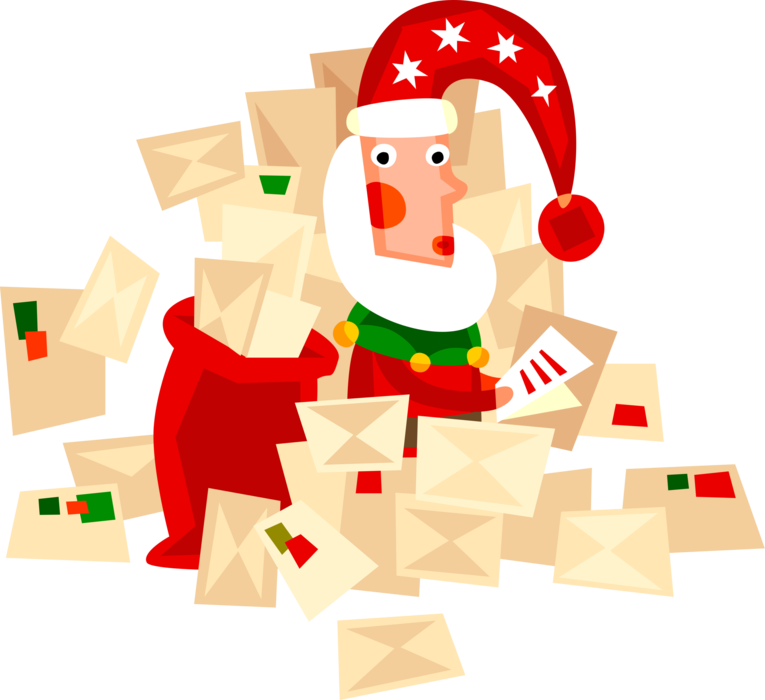 Vector Illustration of Santa Claus, Saint Nicholas, Saint Nick, Father Christmas, Opens Children's Wish Letters