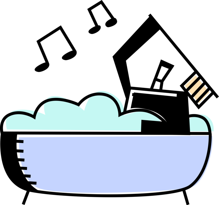 Vector Illustration of Man Sings in Bathtub While Bathing with Scrub Brush