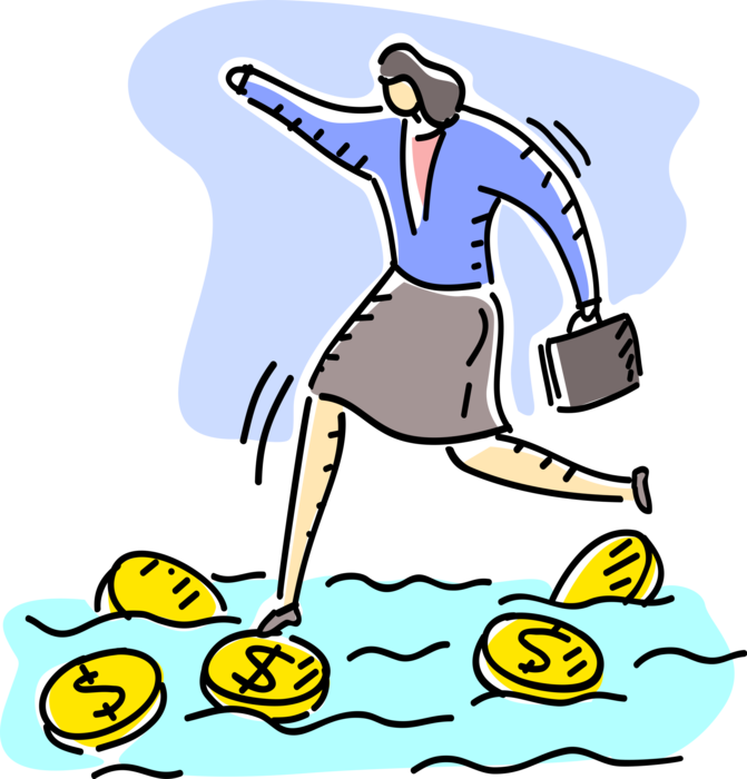 Vector Illustration of Businesswoman Steps Carefully on Financial Cash Money Coins Across Water