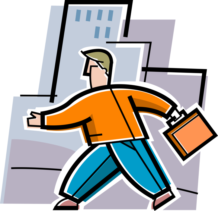 Vector Illustration of Office Worker Businessman Walks Briskly to Work with Briefcase Attaché Portfolio Case 