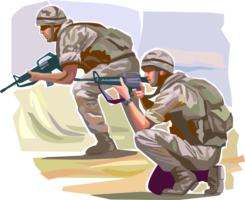Vector Illustration of Armed United States Military Marines in Combat at War Exchange Fire with Enemy Combatants in Battle