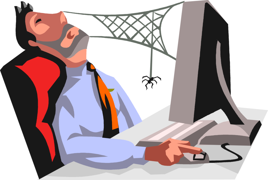 Vector Illustration of Deadbeat Businessman Falls Asleep at Office Desk with Spider and Cobwebs