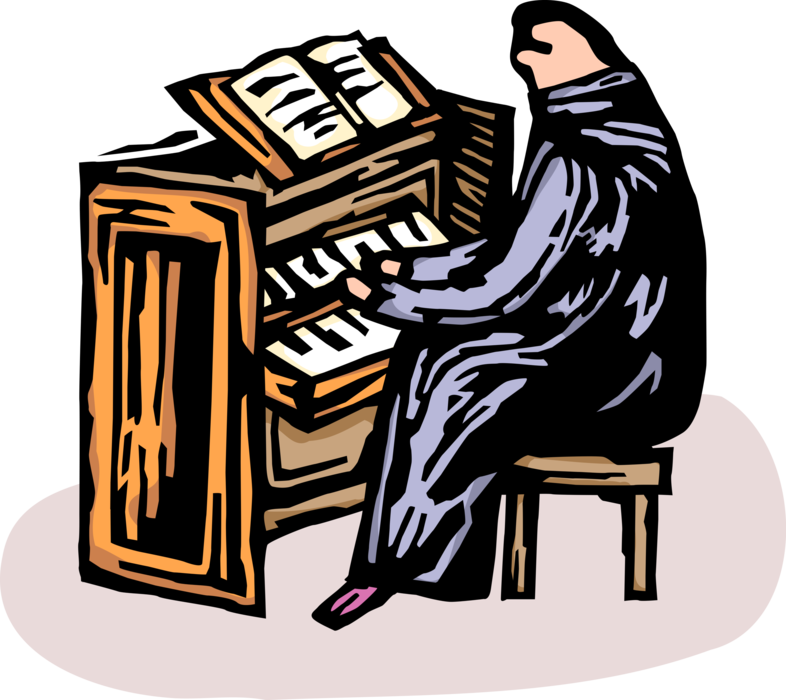 Vector Illustration of Musician Plays Hymns on Church Organ During Religious Service