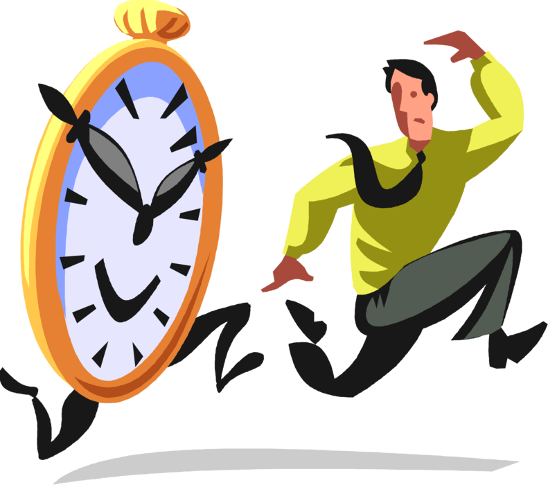 Vector Illustration of Businessman Enslaved by Time and Never Ending Cycle of Work Chased by Clock