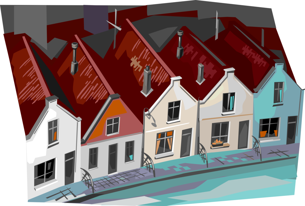Vector Illustration of Dutch Houses on Street, Holland, The Netherland