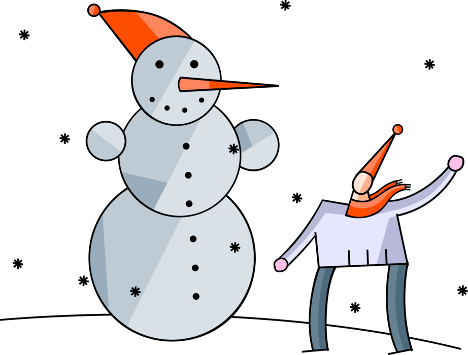 Vector Illustration of Child Builds Snowman Anthropomorphic Snow Sculpture with Carrot Nose in Winter Snowstorm