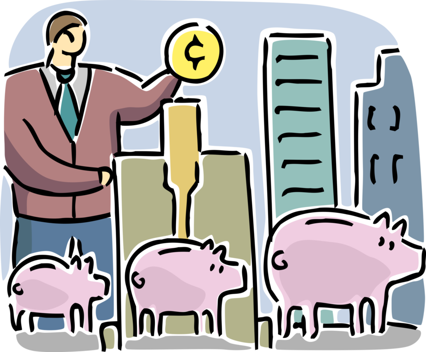 Vector Illustration of Businessman Invests Cash Money Investment Savings in Piggy Banks