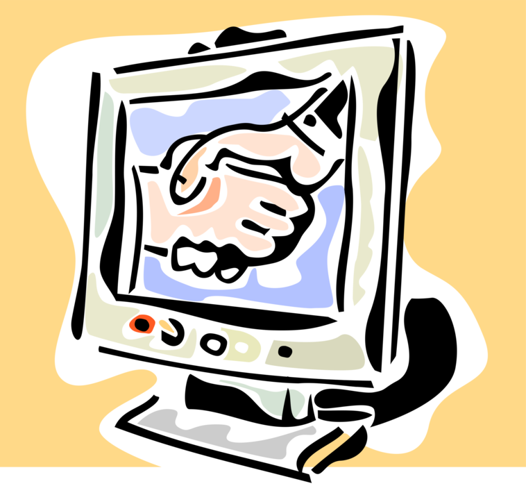 Vector Illustration of Shaking Hands in Introduction Greeting or Agreement Over Online Internet Computer Monitor