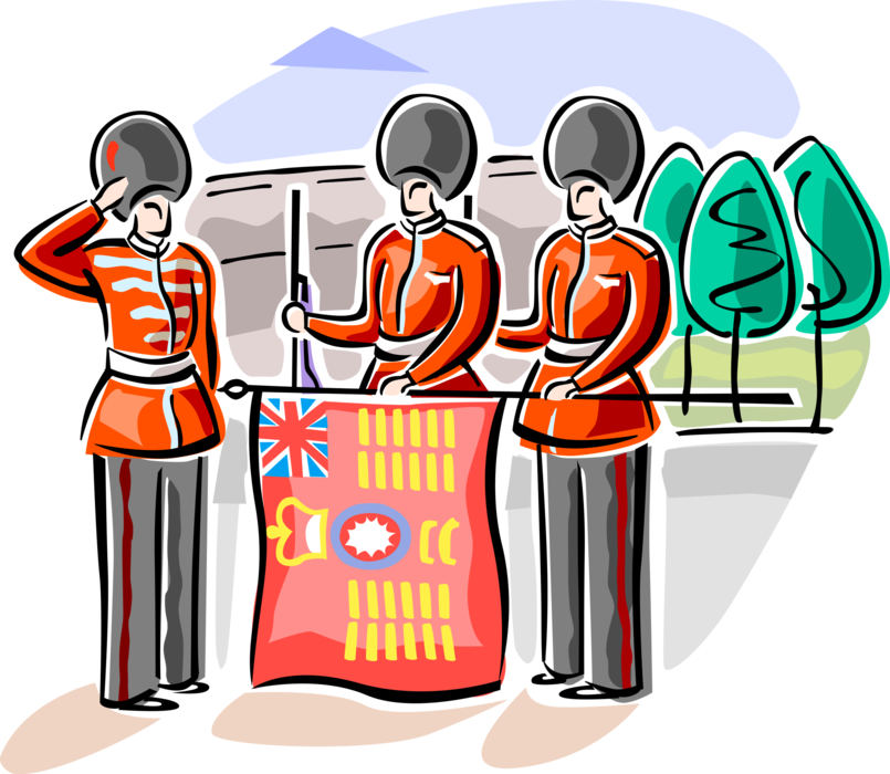 Vector Illustration of Changing the Queen's Life Guard, Buckingham Palace London Residence, United Kingdom 